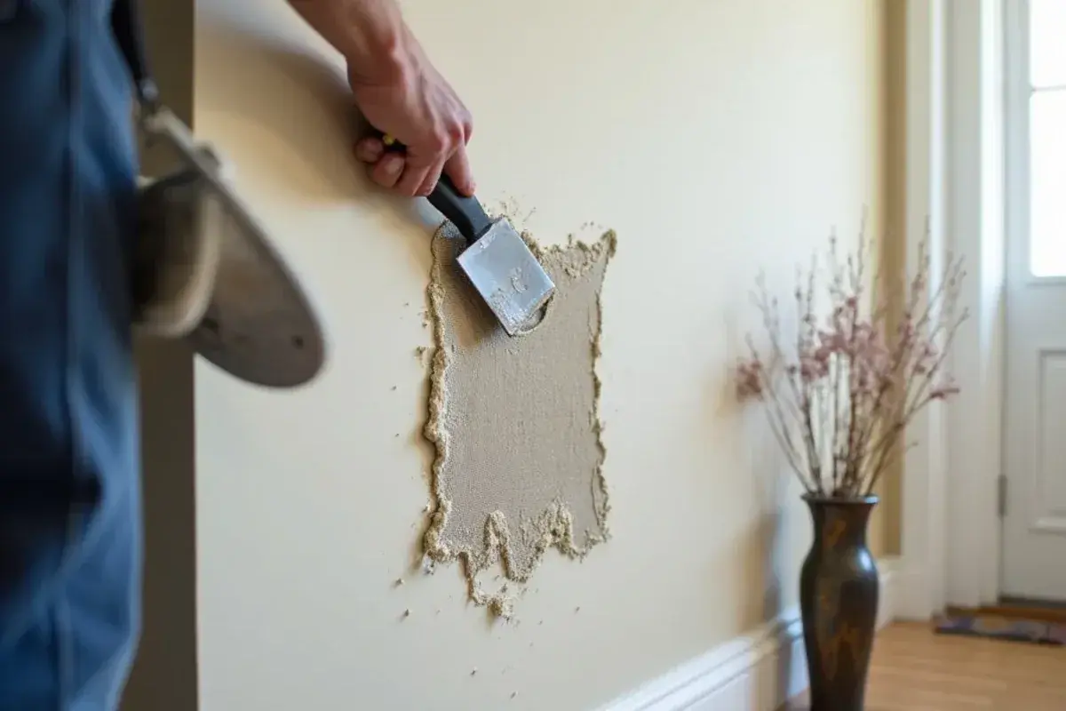 Self-adhesive mesh patch being covered with joint compound over a hole in hallway drywall