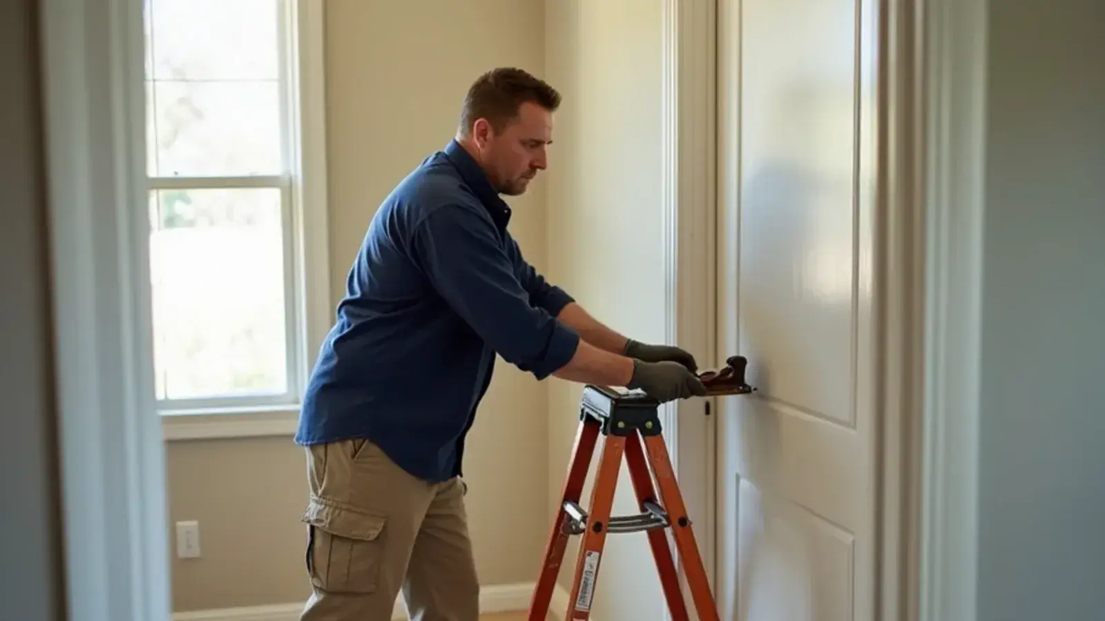 Handyman planing the edge of a sticking interior door in a Rio Grande City, TX home