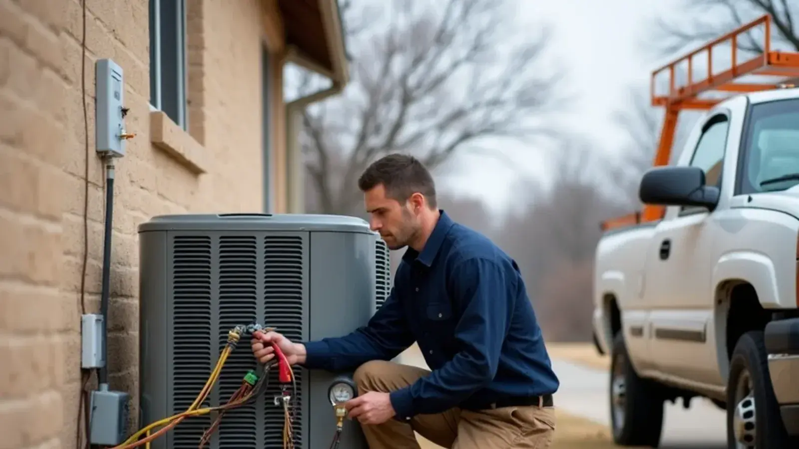 Technician checking a residential heat pump outdoor unit beside a block home in Rio Grande City, TX on a winter day