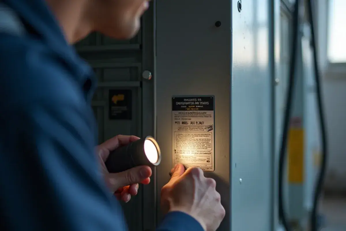 Technician reading the air handler rating plate to choose an approved heat kit size