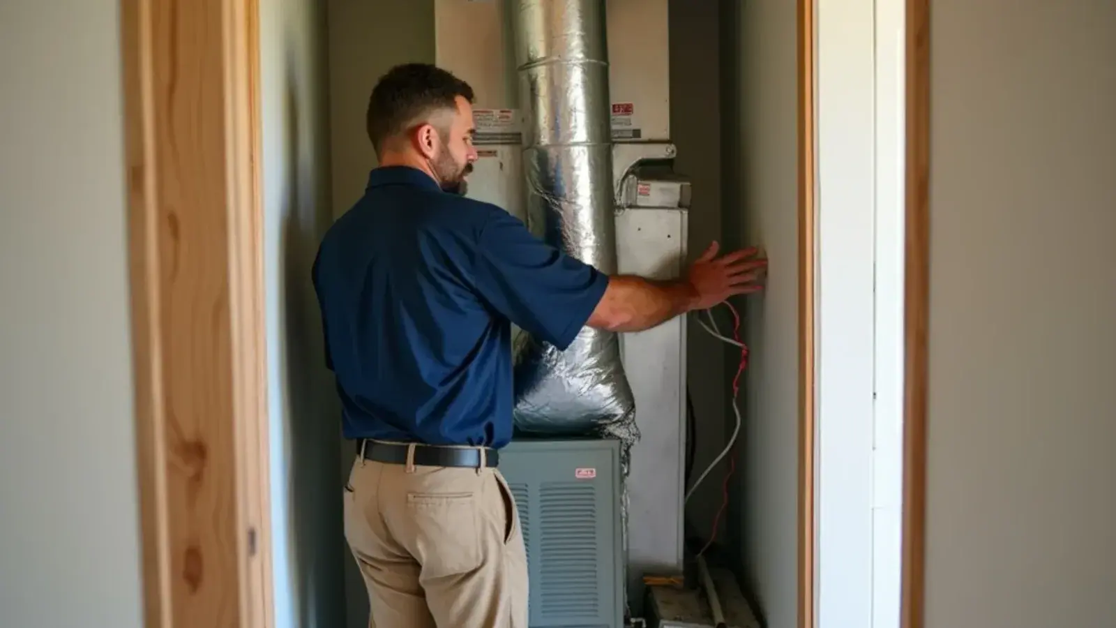 Installer sliding a new electric heat kit into an air handler during a heating installation in Rio Grande City, TX
