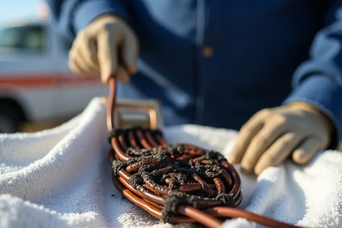 Close view of a broken, discolored electric heat strip coil pulled from an air handler