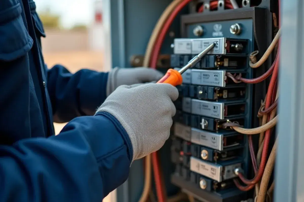 Technician tightening a breaker connection on the heat strip circuit inside an air handler