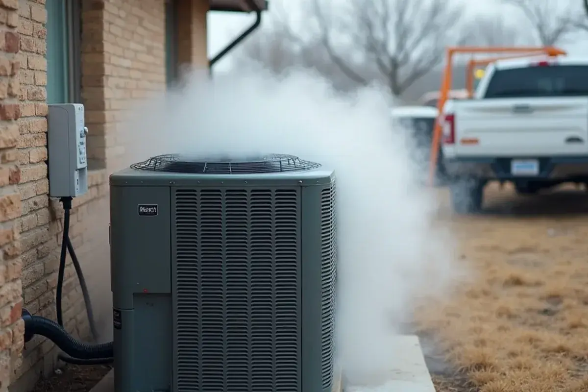 Heat pump outdoor unit releasing steam during a defrost cycle on a cold Rio Grande City morning
