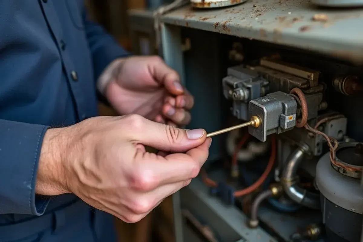 Hot surface ignitor and flame sensor being checked on a gas furnace in a South Texas home