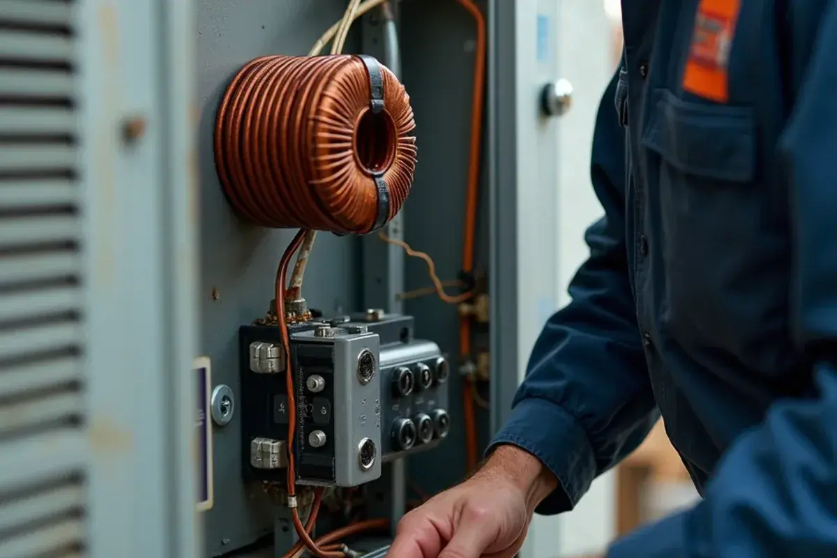 Open air handler showing the electric heat kit and wiring in a Starr County utility closet