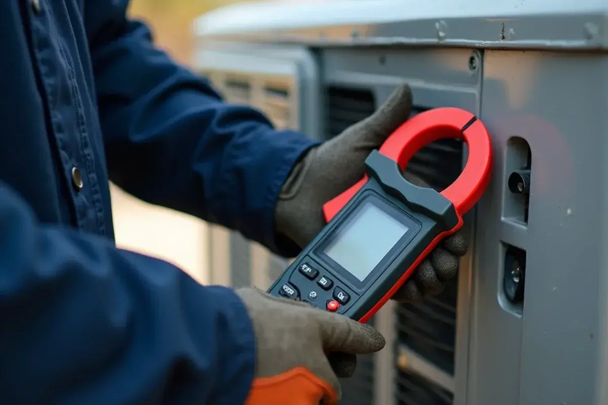 Clamp meter reading the amp draw of heat strips during a pre-season heating check