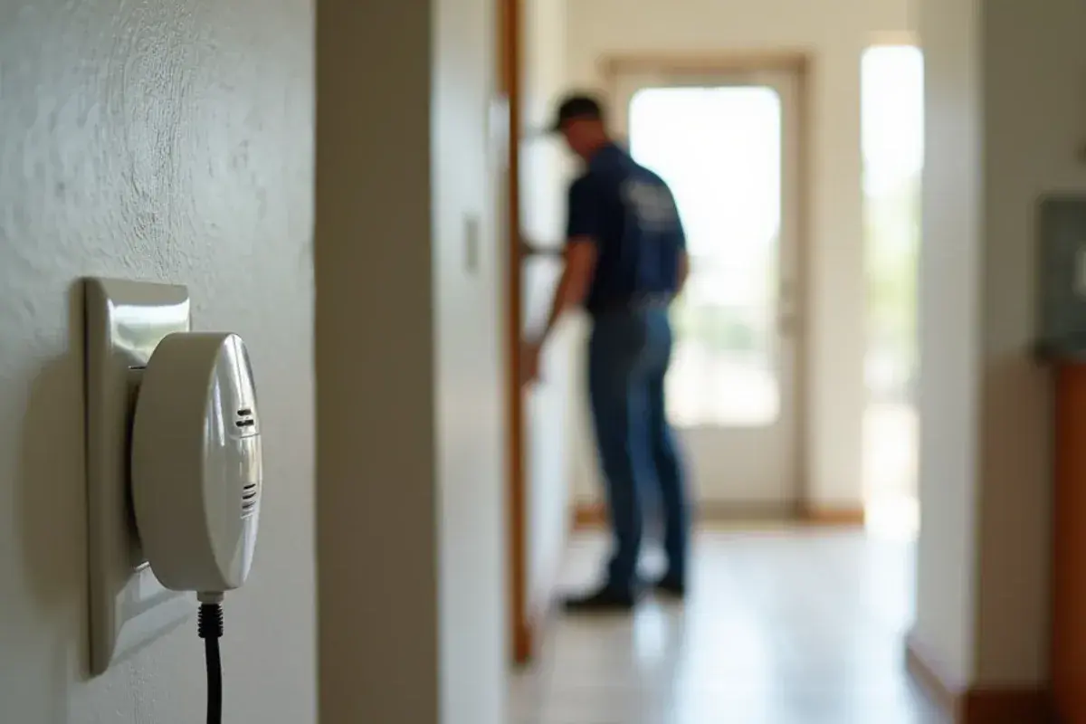 Carbon monoxide alarm mounted outside bedrooms in a South Texas home with gas heat