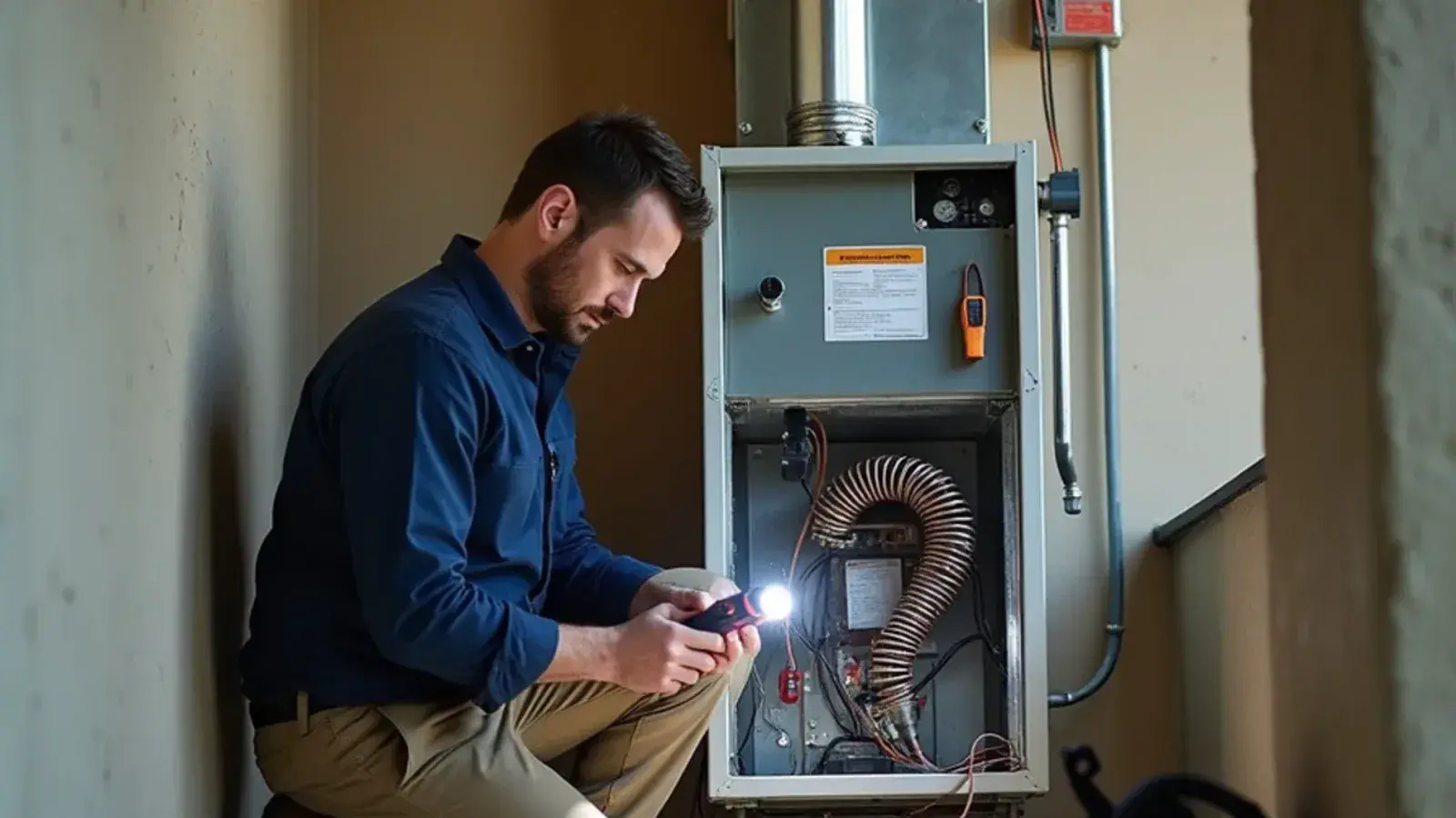 Technician inspecting electric heat strips inside an air handler closet in a Rio Grande City, TX home