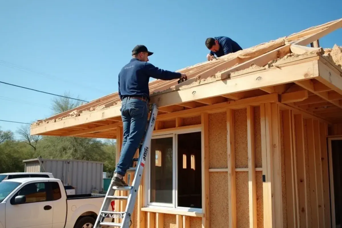 New rafters for a room addition being tied into the existing roofline of a block home