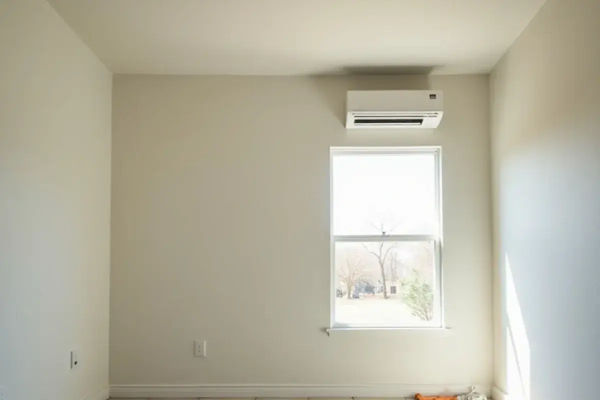 Finished bedroom addition with a ductless mini-split mounted high on a freshly painted wall