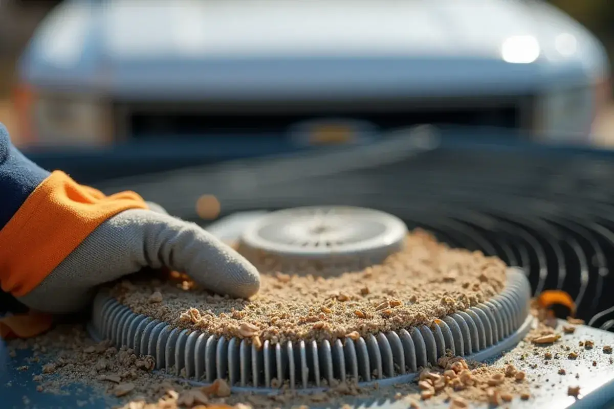 Close-up of caliche dust packed into the fins of an AC condenser coil in Rio Grande City