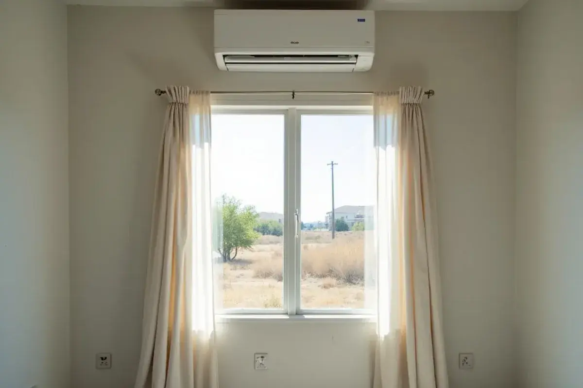 Wall-mounted ductless mini-split cooling a bedroom in a block home near Rio Grande City