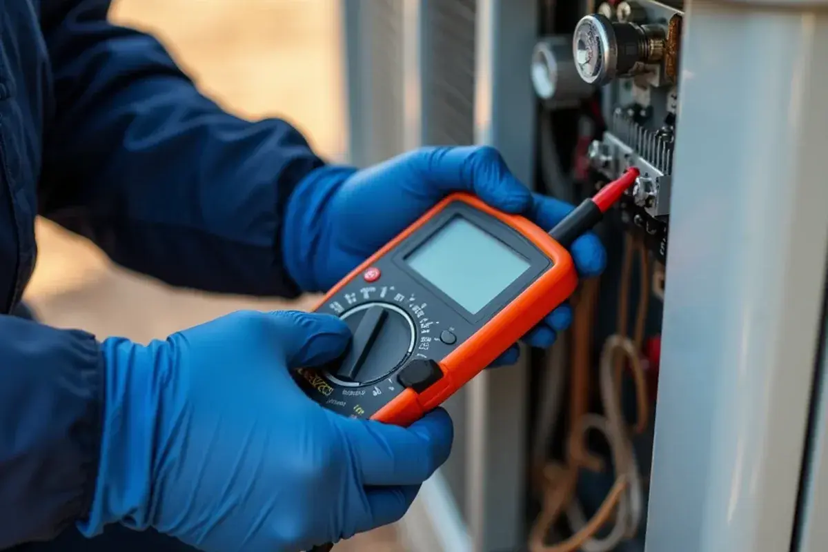 Technician testing an AC run capacitor with a meter during a no-cool diagnosis in Rio Grande City