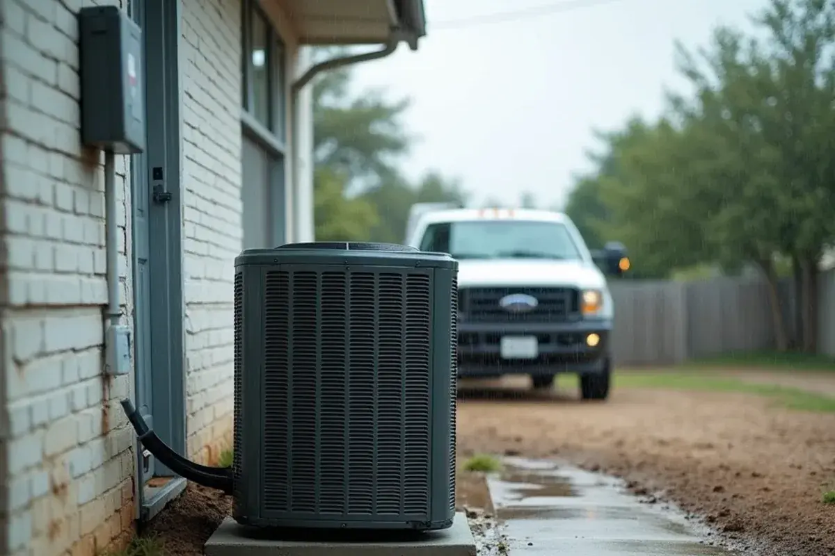 AC condenser on a raised concrete pad beside a rain-soaked yard in Starr County