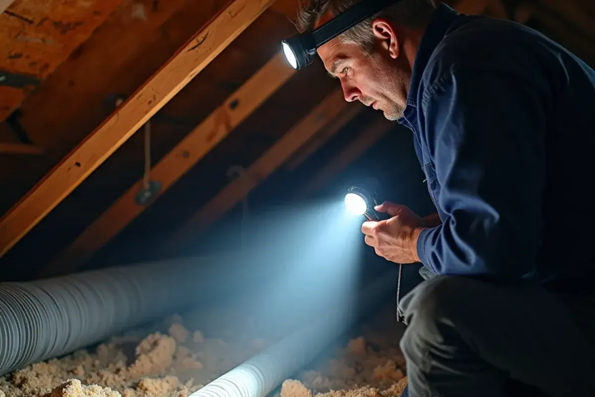 Flashlight beam on flex duct connections and insulation during an attic HVAC system evaluation