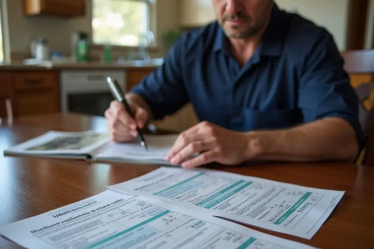 Homeowner comparing two printed AC replacement quotes at a dining table during a second-opinion visit