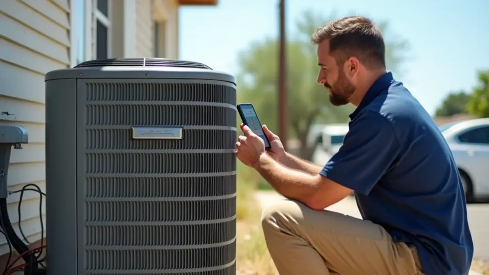 Technician photographing the data plate on an AC condenser during an HVAC inspection in Rio Grande City, TX
