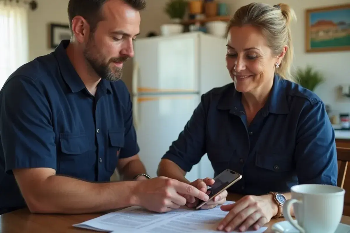 Homeowner and technician reviewing AC model and serial details for a manufacturer warranty check
