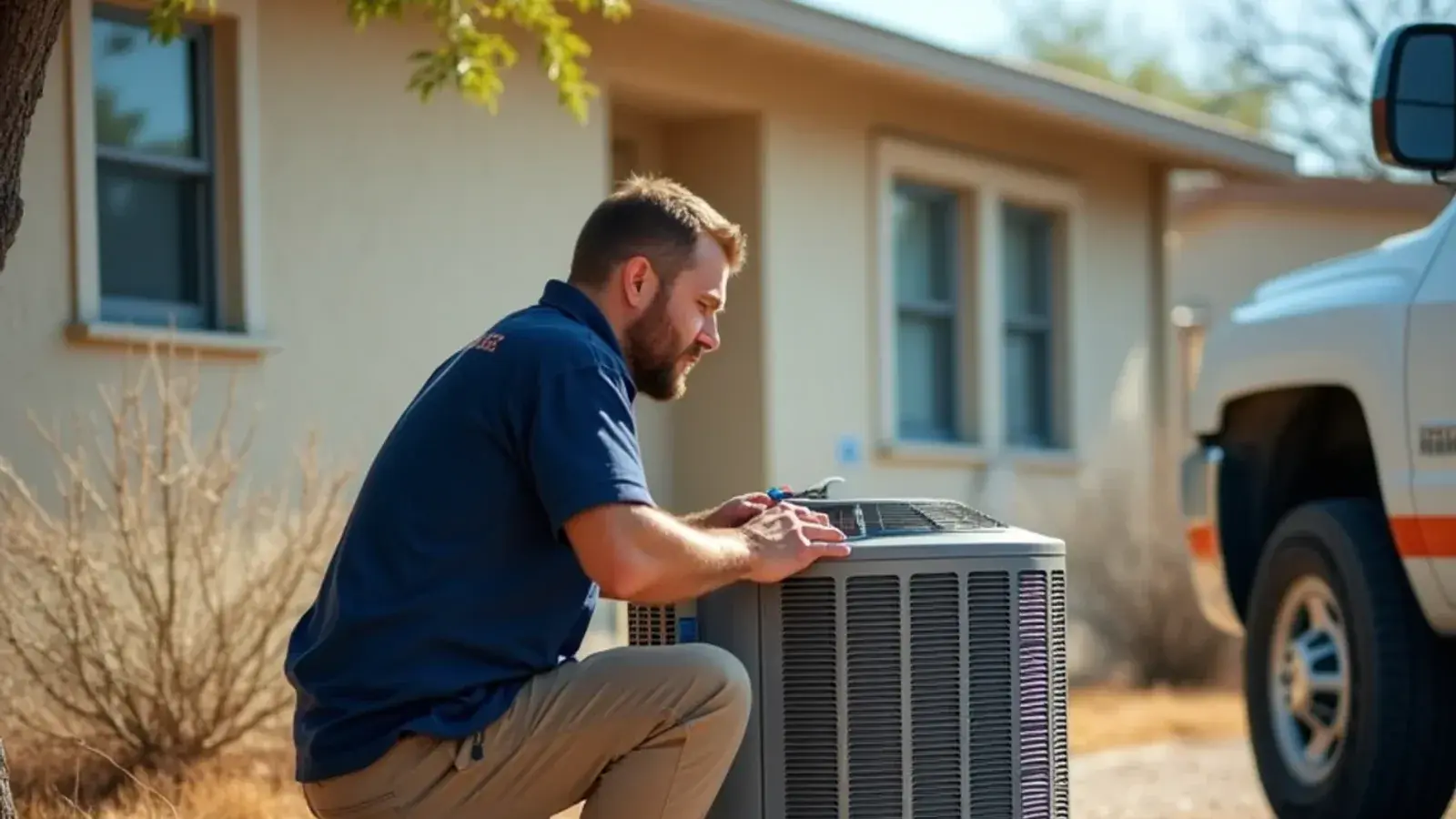 HVAC technician checking a condenser beside a block home in Rio Grande City, TX