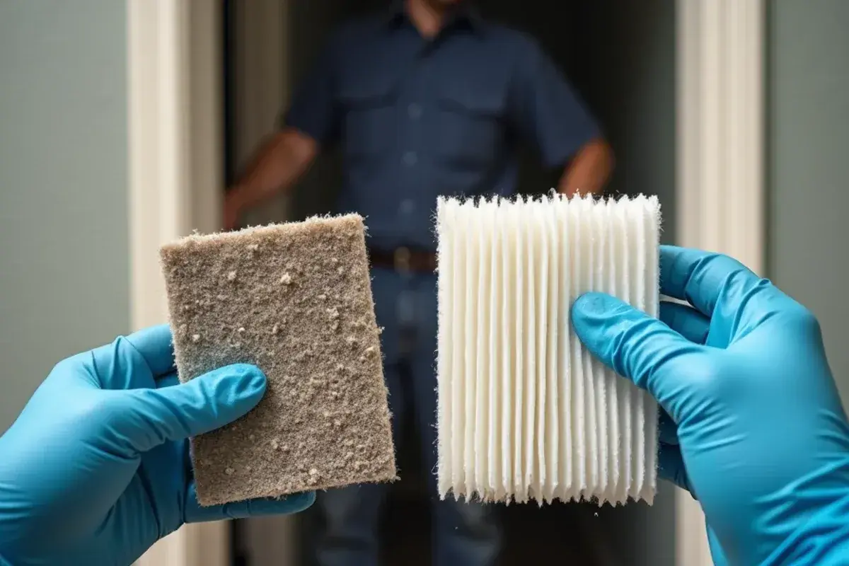 Dust-clogged AC filter held next to a clean pleated filter during an indoor air quality check
