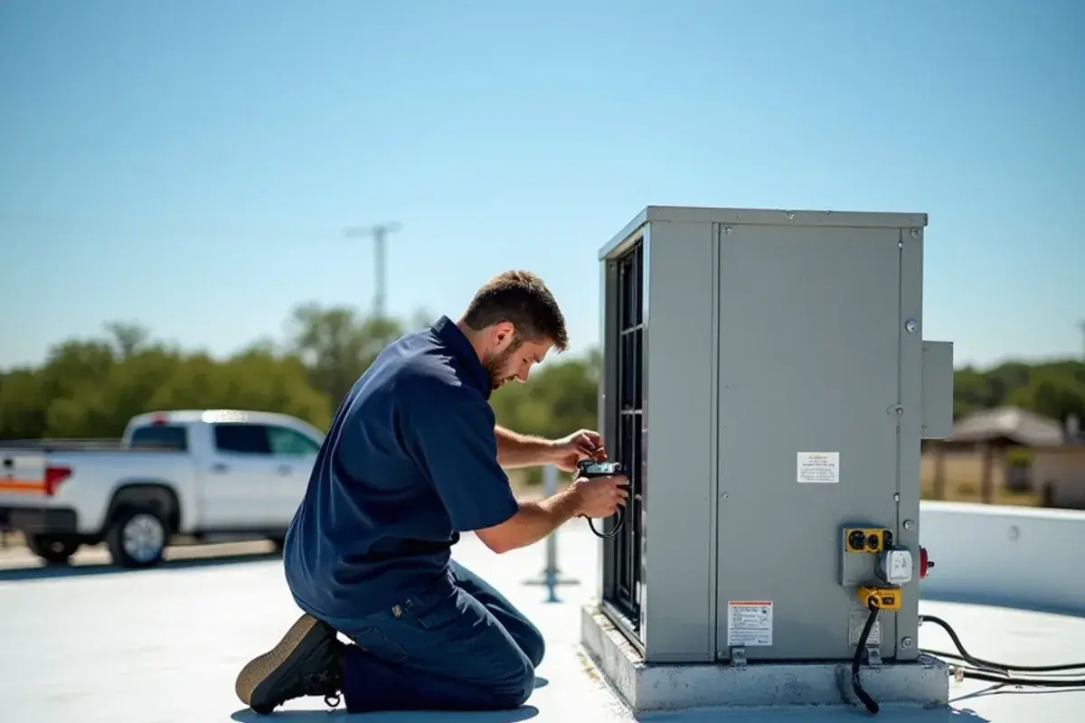 Technician servicing a rooftop package unit on a small commercial building during a spring maintenance plan visit in Starr County