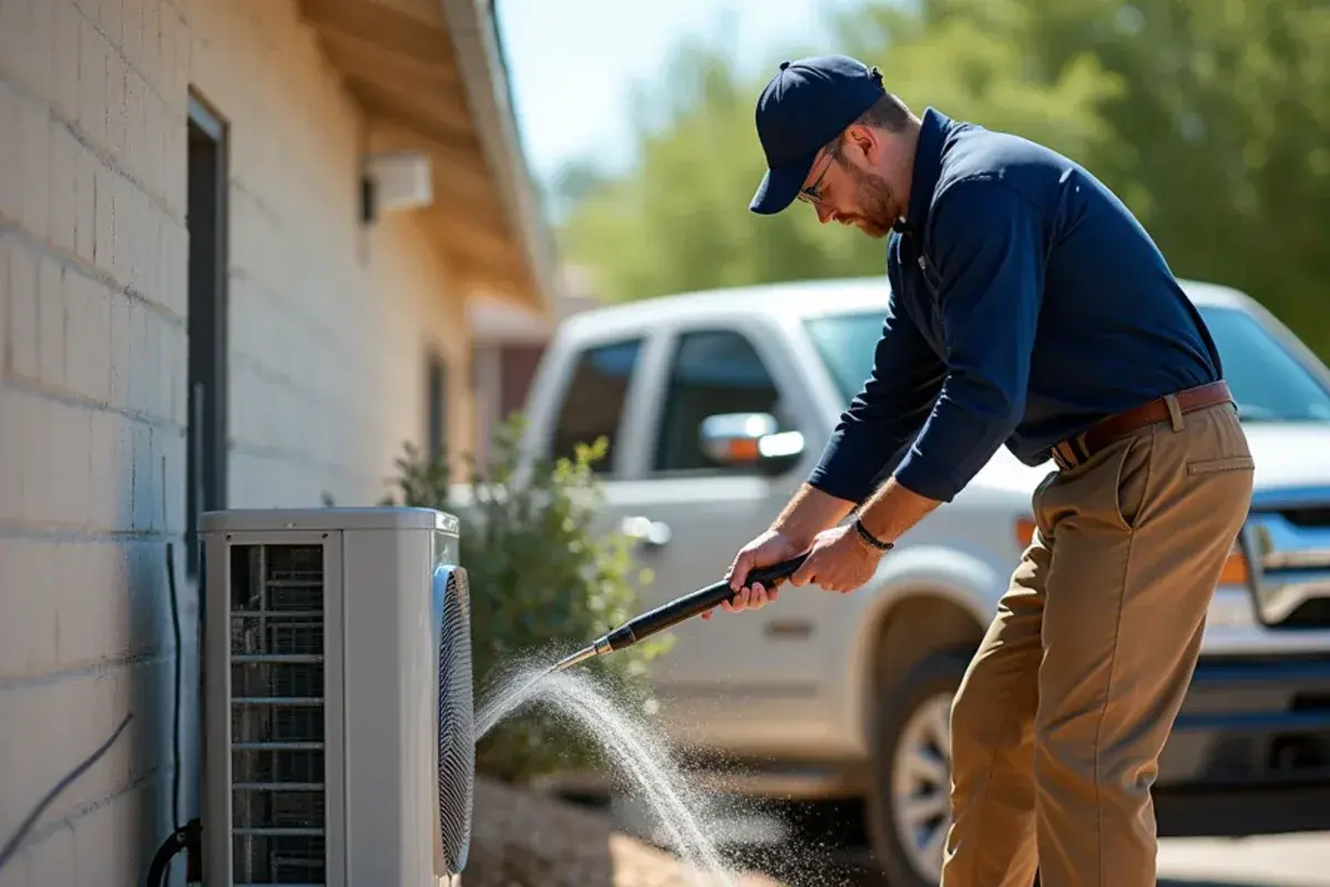 Low-pressure rinse of a mini-split outdoor unit coil beside a block home in Rio Grande City