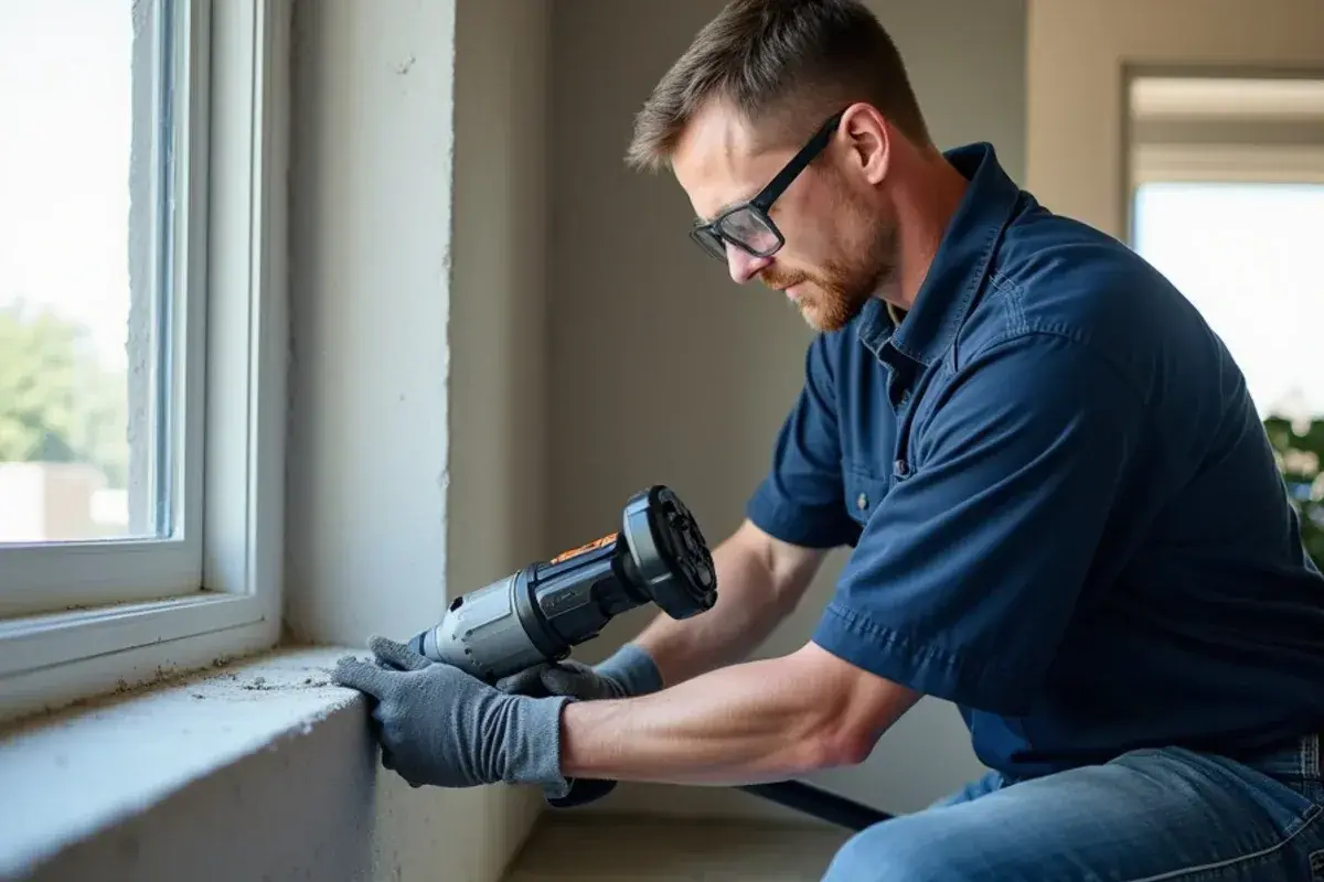 Core drill boring a line-set hole through a concrete-block wall for a ductless mini-split install in Starr County