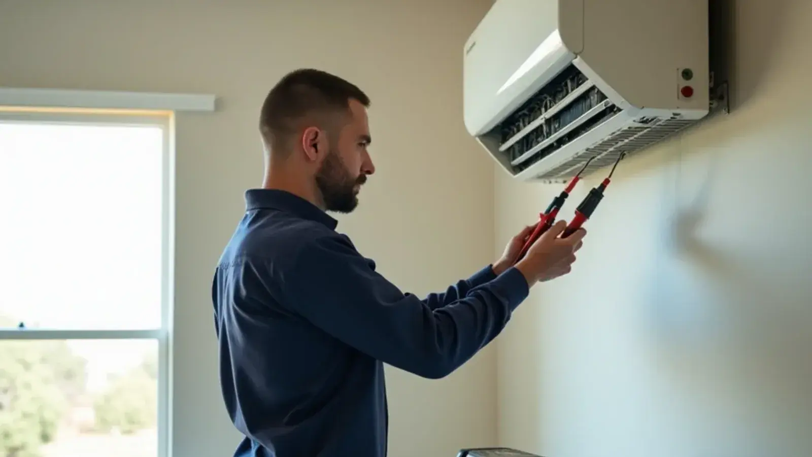 Technician testing a ductless head's control board with a meter during mini-split repair in Rio Grande City, TX