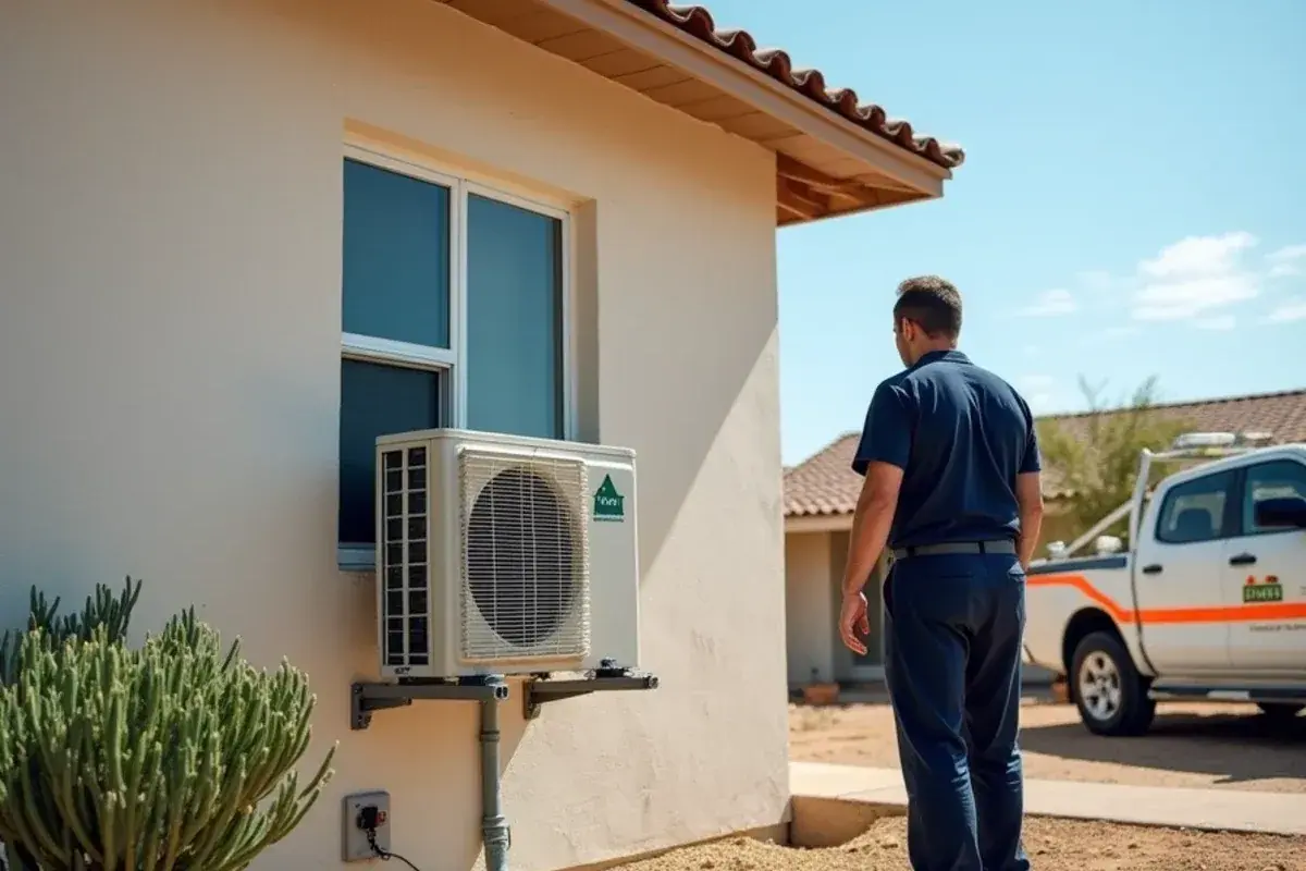 Mini-split outdoor unit mounted on a wall bracket outside a concrete-block home in Starr County