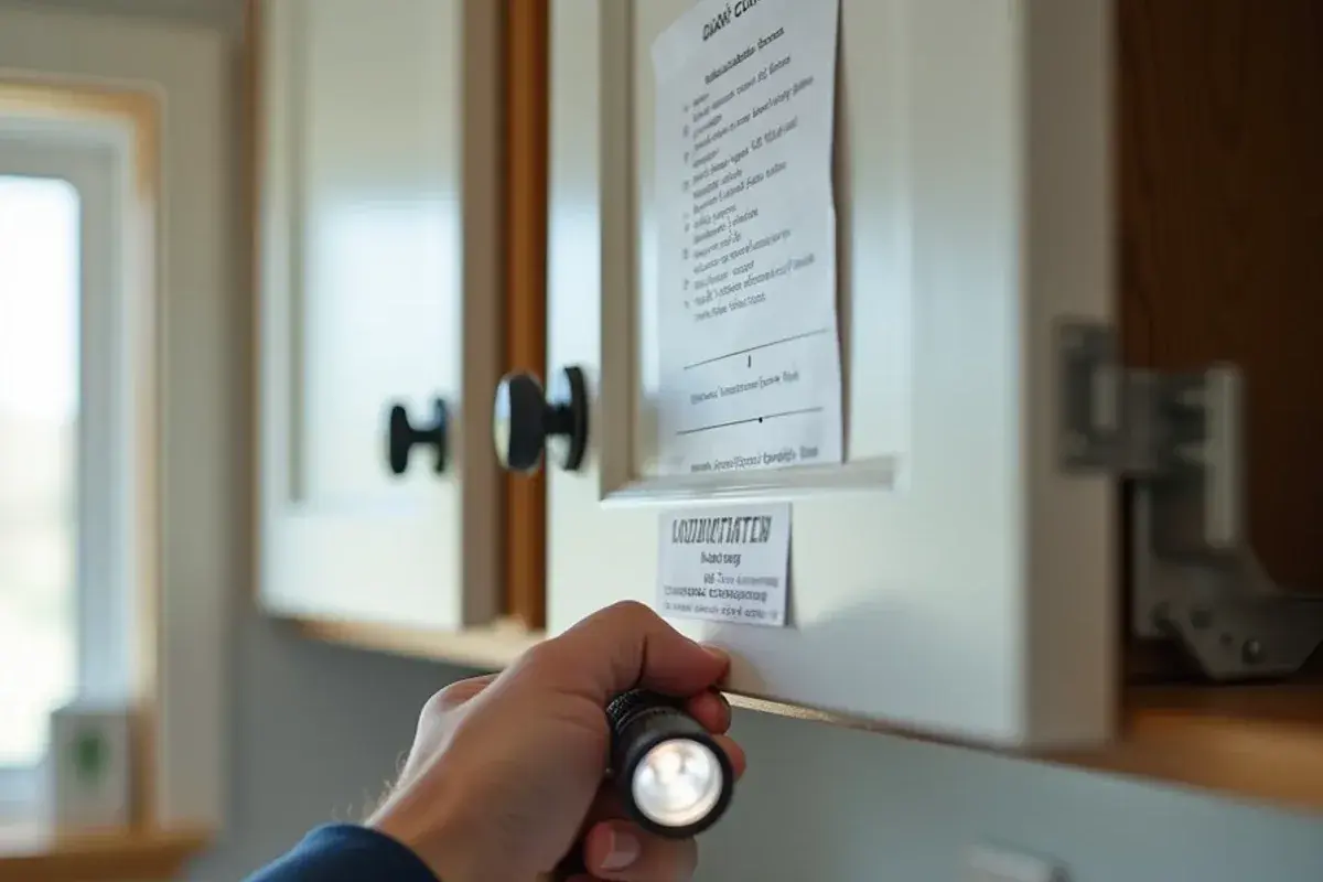 Manufactured home data plate inside a kitchen cabinet checked before an AC installation