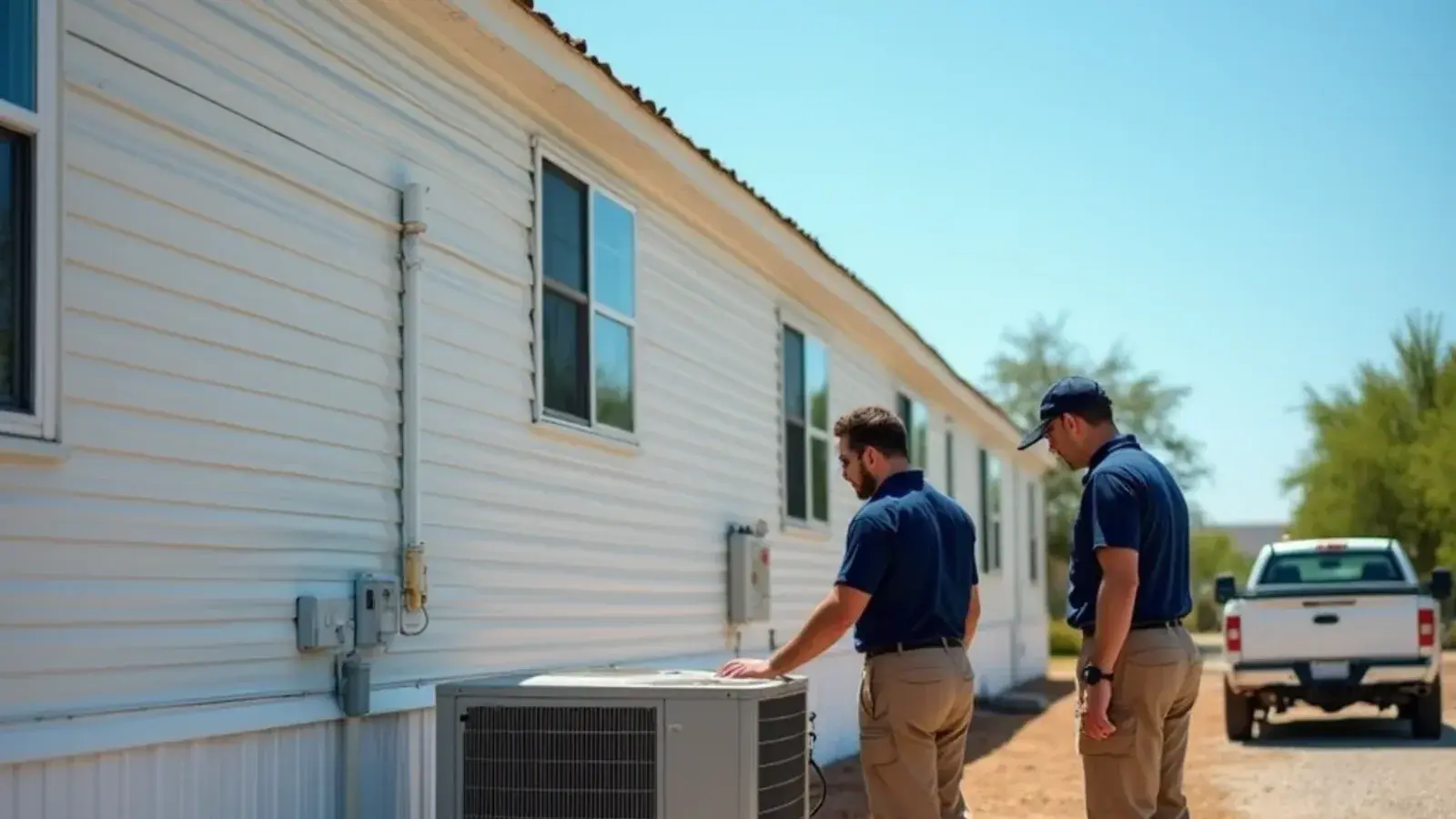 Package AC unit beside a single-wide manufactured home with vinyl skirting near Rio Grande City, TX