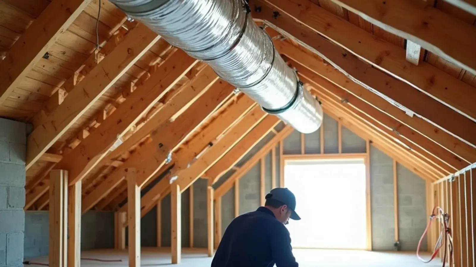 New flex ducts and a trunk line installed in the truss attic of a block home under construction in Rio Grande City, TX