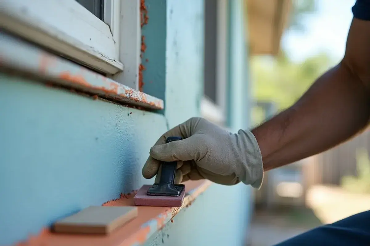 Scraping loose paint and caulking a trim joint on a sun-faded exterior window frame