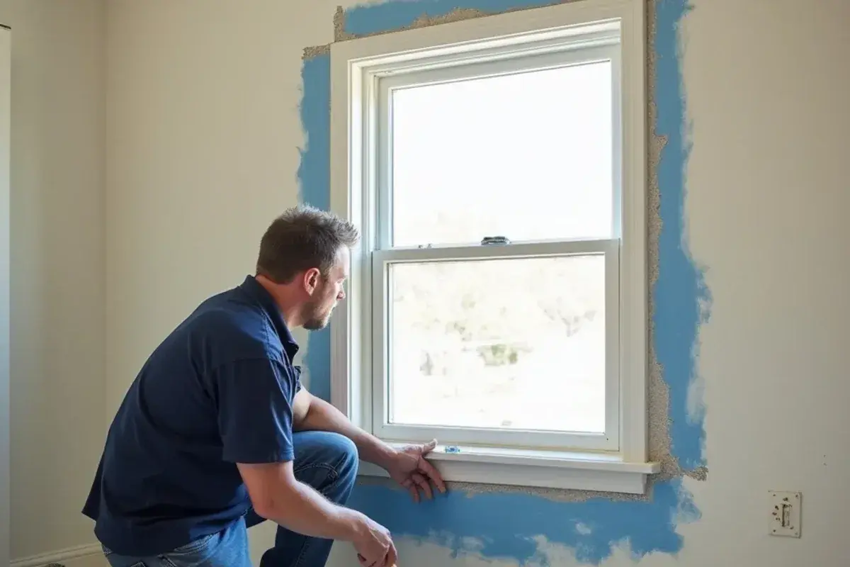Drywall patch being taped and mudded where an old window AC unit opening was closed in