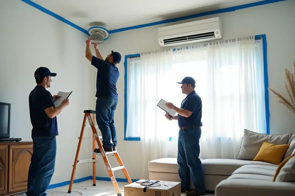 Interior room masked and furniture covered before a repaint in a Rio Grande City area home