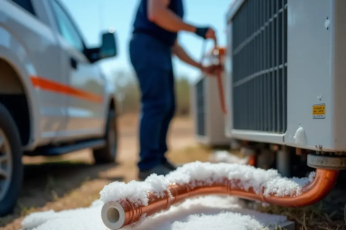 Frost and ice on the large copper suction line of an AC that is low on refrigerant in Starr County