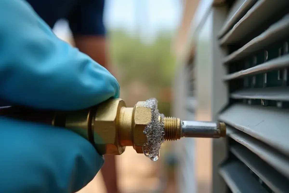 Bubble solution foaming on a mini-split flare nut during freon leak detection in Rio Grande City