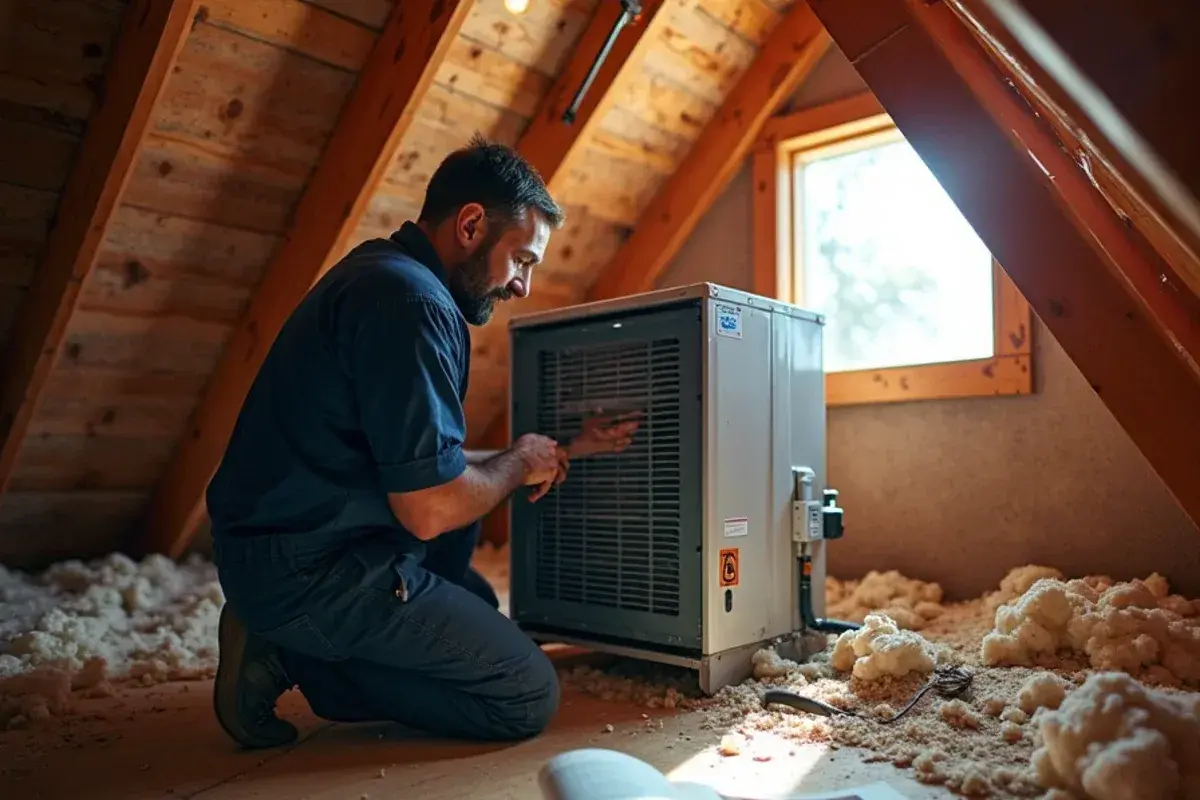 Technician fitting a replacement evaporator coil into an attic air handler in Starr County