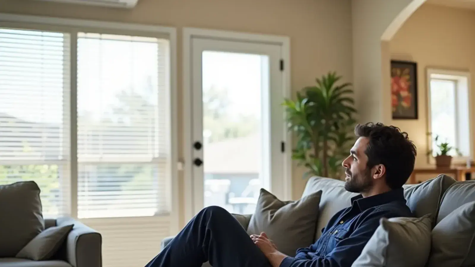 Homeowner relaxing in a cool living room after an AC repair in Starr County