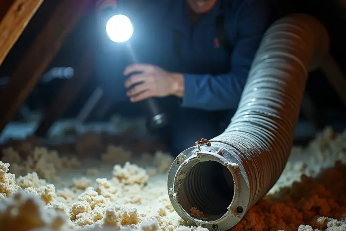 Disconnected flex duct joint found during an airflow check in an older Abram home