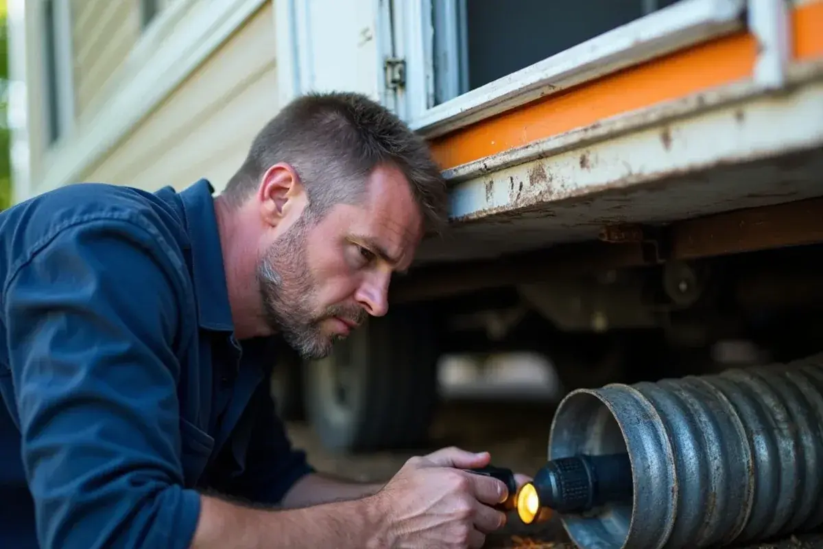 Technician reconnecting the flexible crossover duct beneath a mobile home in Alamo, TX