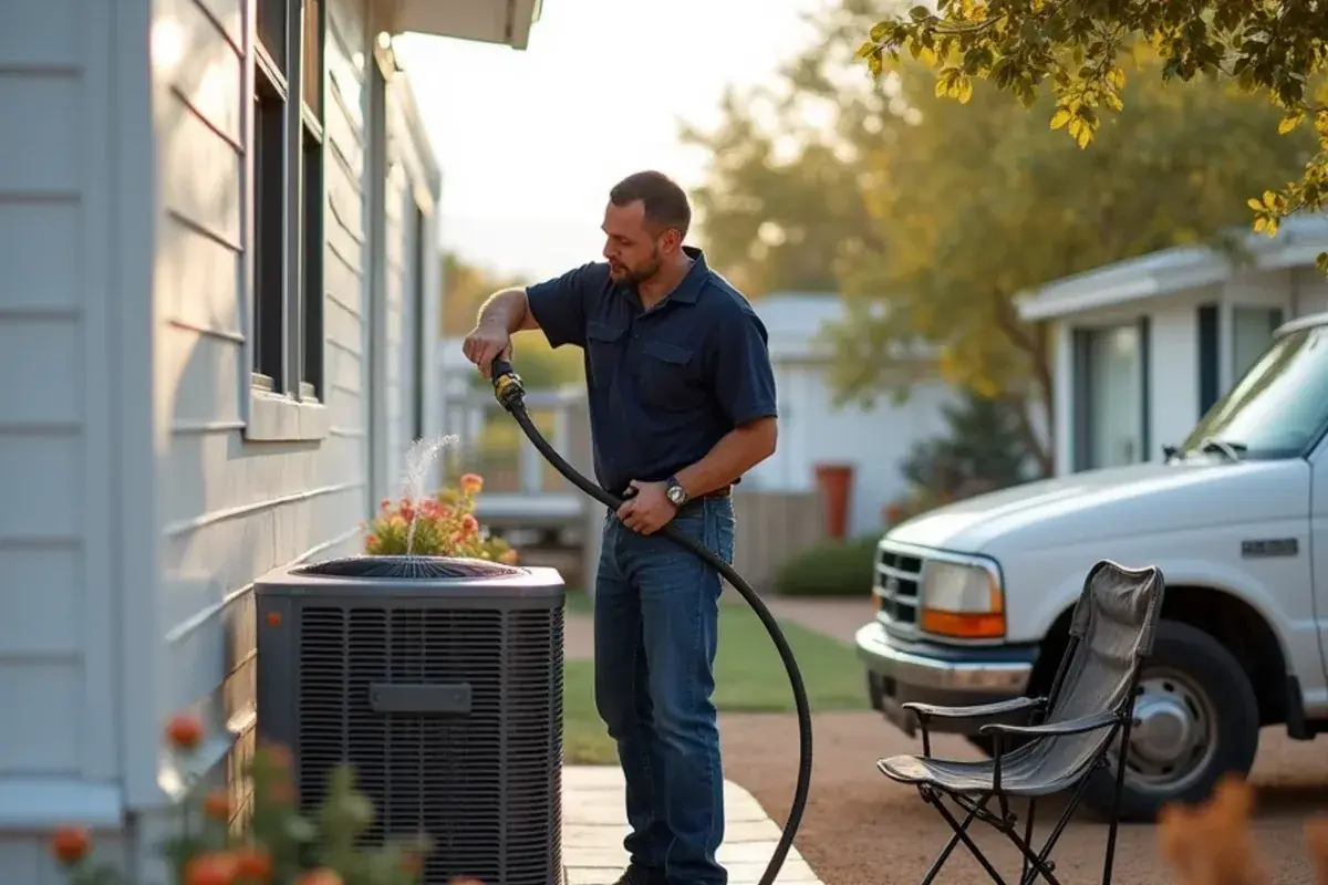Fall cleaning of a heat pump outdoor coil beside a park-model home near Alamo
