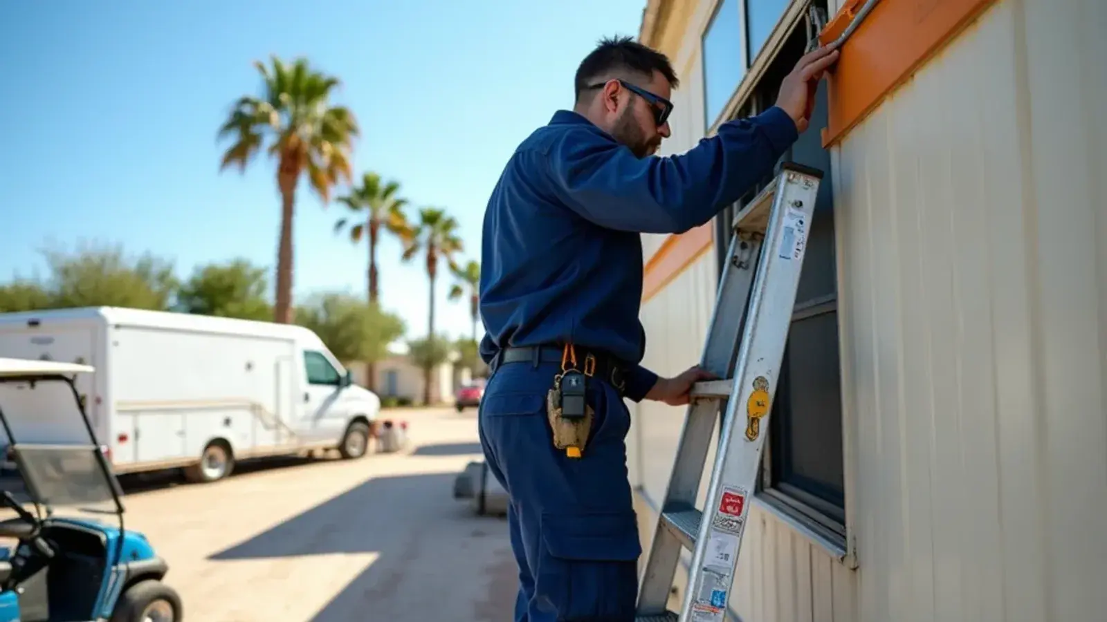 Technician on a platform ladder inspecting a rooftop AC on a park-model home in an Alamo, TX RV resort