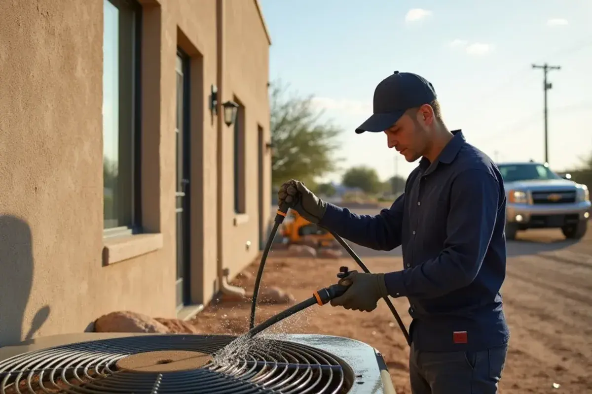 Technician rinsing construction dust from a nearly new AC condenser coil in Alton