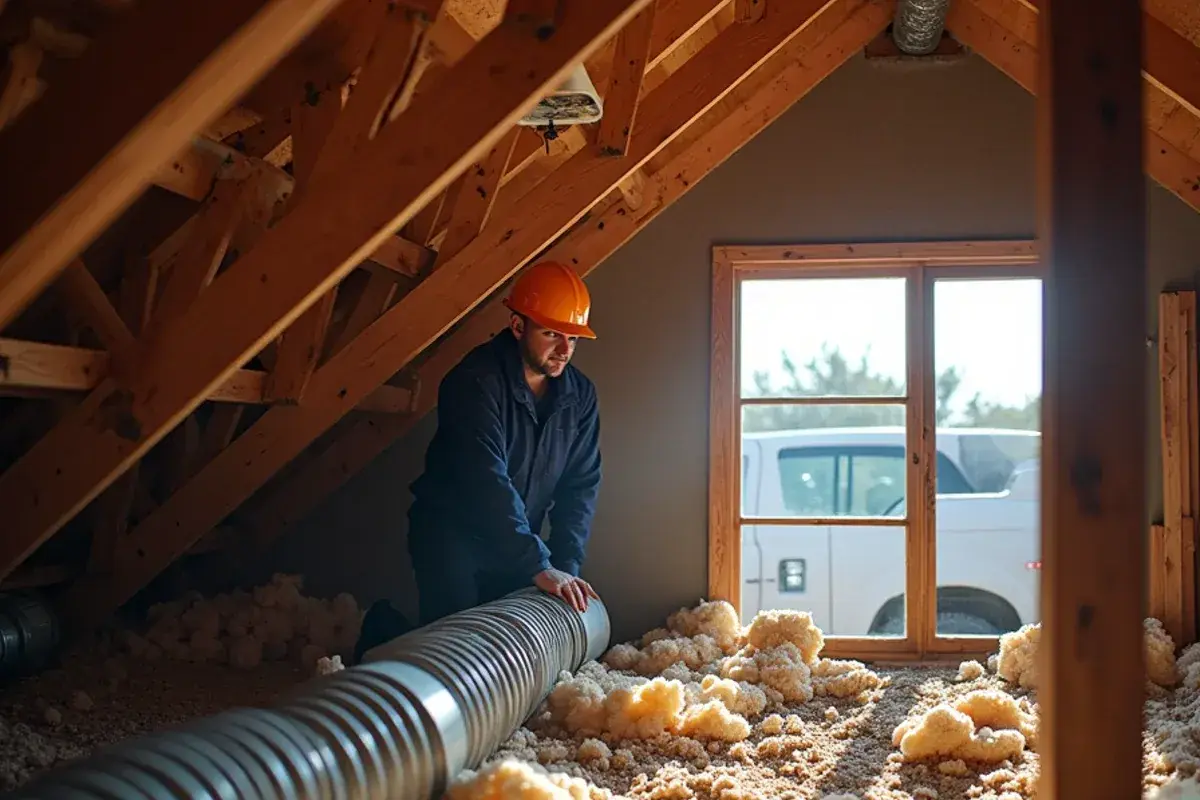 Flex duct in an attic that ends well short of a new room addition in a B and E home