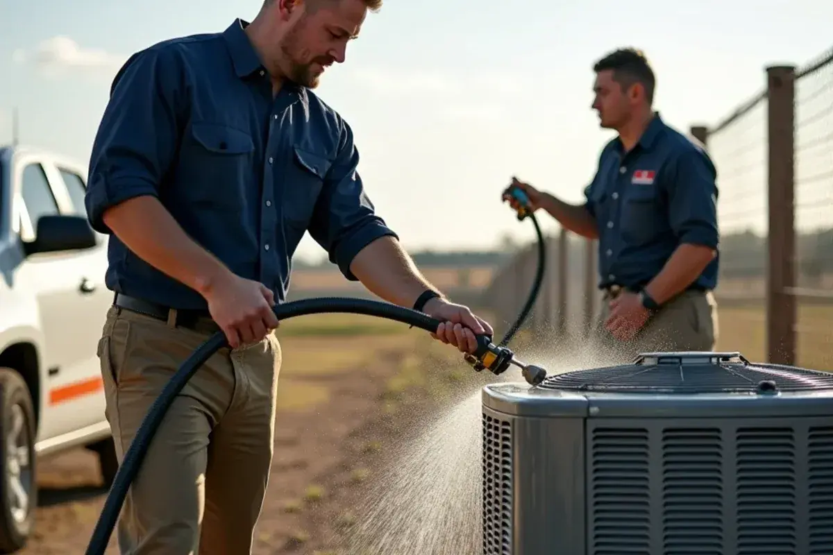 Technician rinsing a condenser coil from the inside out during coil cleaning in Citrus City, TX