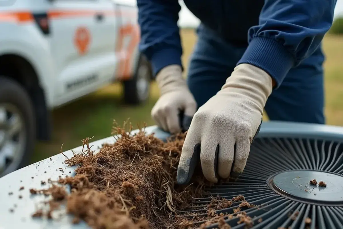 Matted dirt and grass clippings packed into an overdue AC condenser coil at a home in Cuevitas, TX