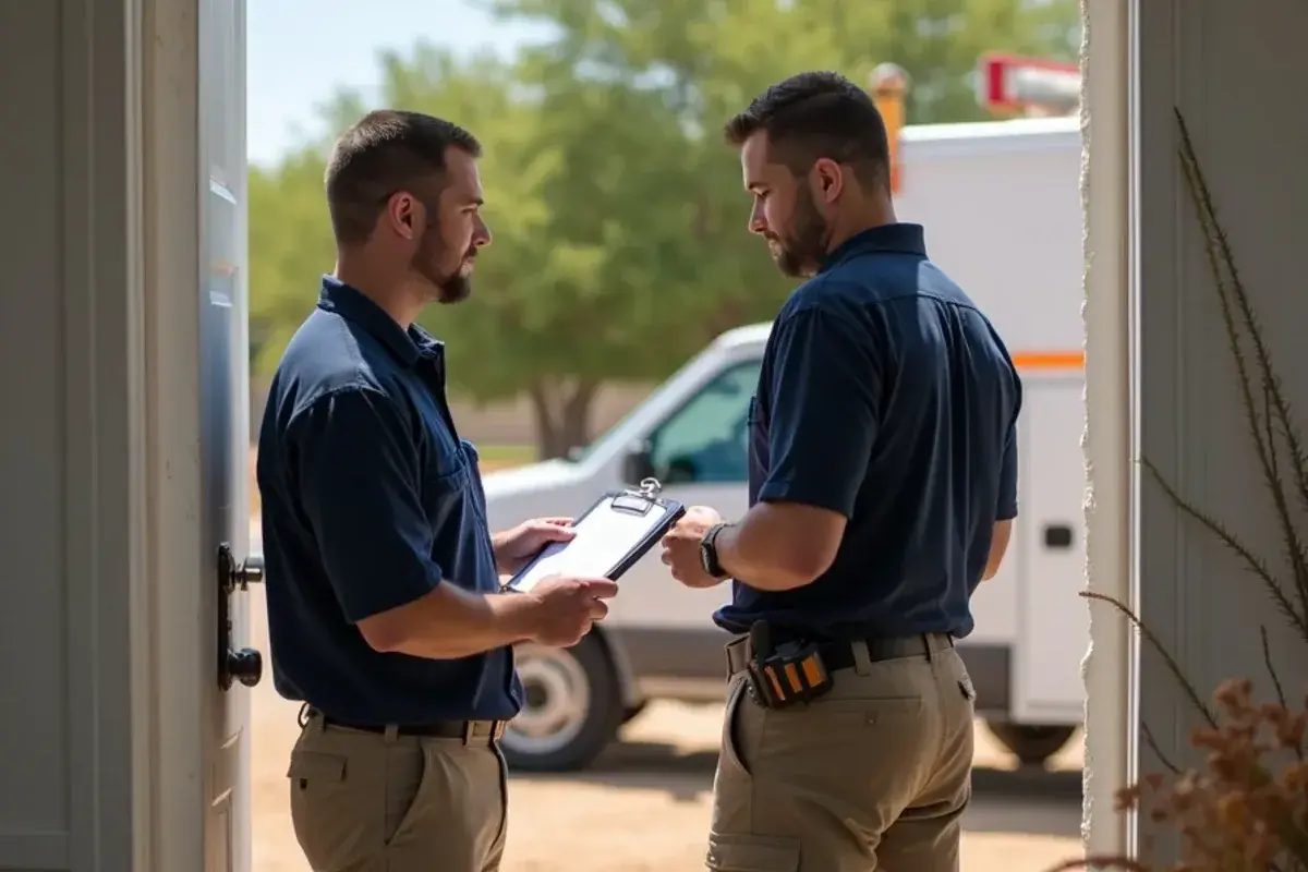 Technician showing a homeowner a findings checklist at the front door of a small house near the Rio Grande