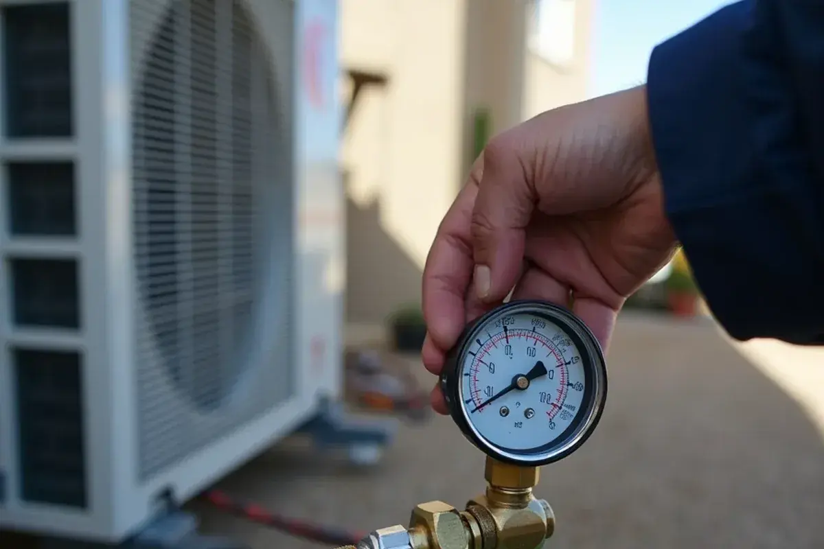 Nitrogen pressure test gauge on a long line set before a mini-split is charged in Doolittle, TX